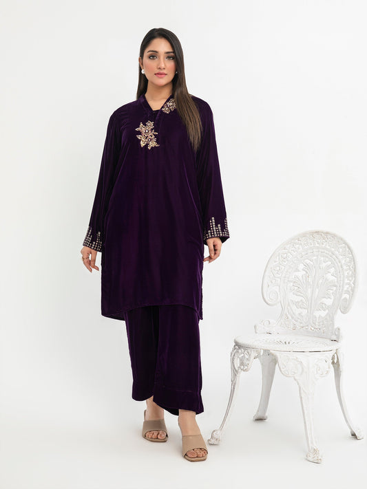 2 Piece Velvet Suit-Embroidered(Pret)