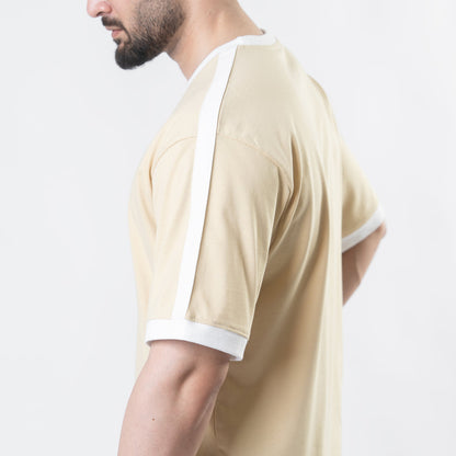 Beige Oversize Ringer T-Shirt with White Panels