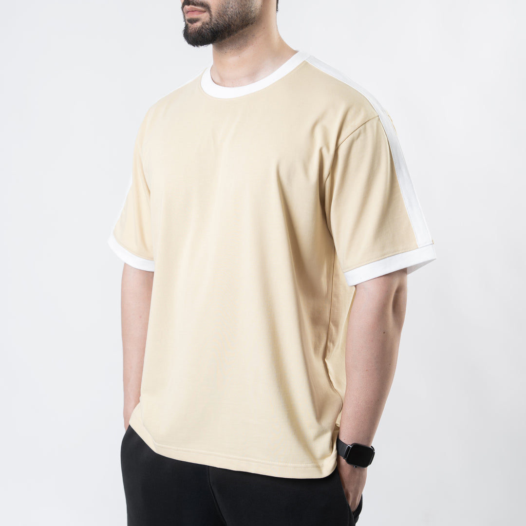 Beige Oversize Ringer T-Shirt with White Panels