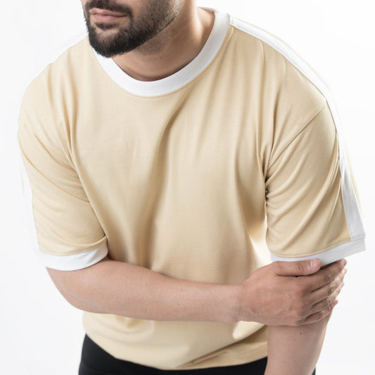 Beige Oversize Ringer T-Shirt with White Panels